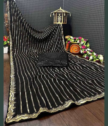 A TO Z CART Georgette Embellished Saree With Unstitched Blouse Piece ( Black )
