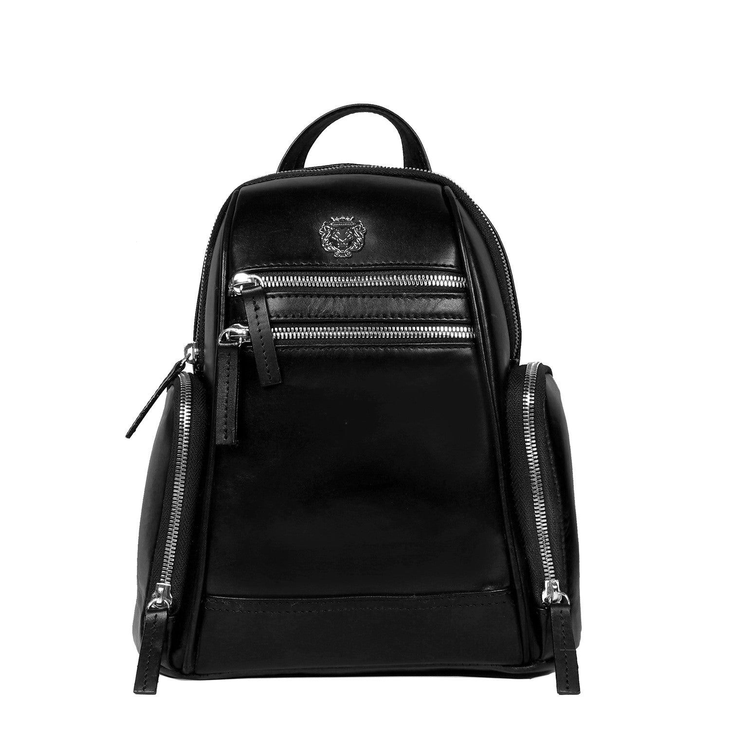 Signature Metal Lion Black Leather Ladies Backpack-FS