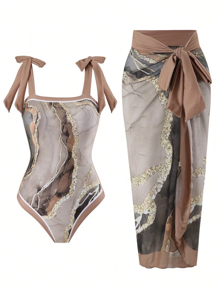 Brown Marble Printed  Monokini-XXS