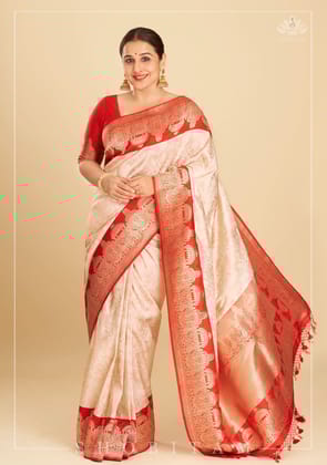 Exquisite Celebrity Brocade Banarasi Pure Katan Silk Saree in Ivory, Red & Gold with Dome Shaped Kadhiyal Borders | SILK MARK CERTIFIED