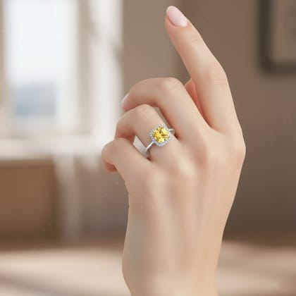 925 Sterling Silver Cushion Cut Yellow Stone Ring for Women | Elegant Halo Design with Cubic Zirconia