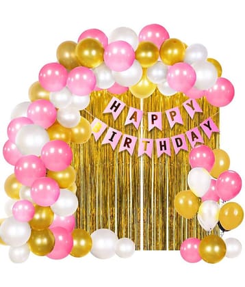 Party Propz Happy Birthday Decoration Kit for Girls - 64Pcs Combo Pink, White and Golden Metallic Birthday balloons for Girls Decoration, Foil Curtain, Happy Birthday Banner, Birthday Decoration Set