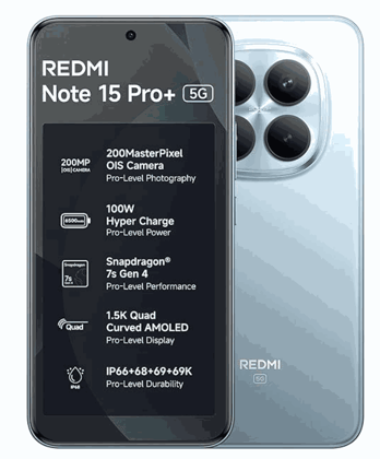 REDMI Note 15 Pro+ 5G (Mirage Blue, 12GB+256GB) | 200MasterPixel OIS Camera | Snapdragon 7s Gen 4 | 17.3cm CrystalRes AMOLED Screen | IP66/68/69/69K | Mega 6500mAh Si/C Battery | 100W Hyper Charging REDMI Note 15 Pro+ 5G (Mirage Blue, 12GB+256GB) | 200MasterPixel OIS Camera | Snapdragon 7s Gen 4 | 17.3cm CrystalRes AMOLED Screen | IP66/68/69/69K | Mega 6500mAh Si/C Battery | 100W Hyper Charging