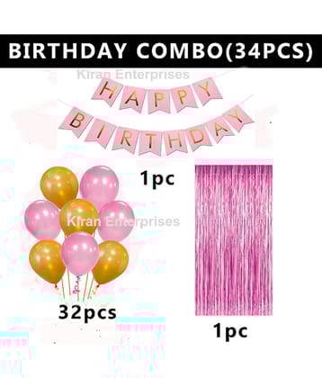 Kiran Enterprises Happy Birthday Banner ( Pink ) + 1 Fringe Curtain ( Gold ) + 32 Metallic Balloon ( Pink, Gold )    )