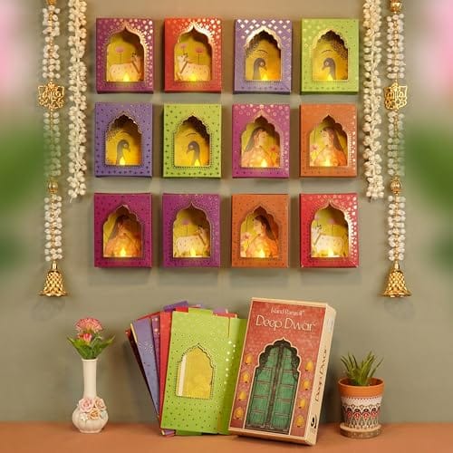 Paper Deep Dwar (Pack of 12) with LED Candle, Jharokha Style Wall & Home Decor for Diwali Decoration, Festive