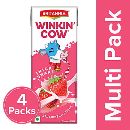 Britannia Winkin' Cow Strawbericious Thick Milkshake, 4x200 ml Multipack