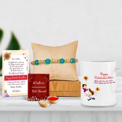 Designer Pearl Rakhi with Mug for Brother and Roli Chawal Pack, Best Wishes Greeting Card