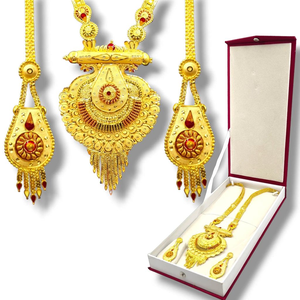One-Gram Gold-Plated Long Haram Necklace Set with Earrings and Earring support Chain