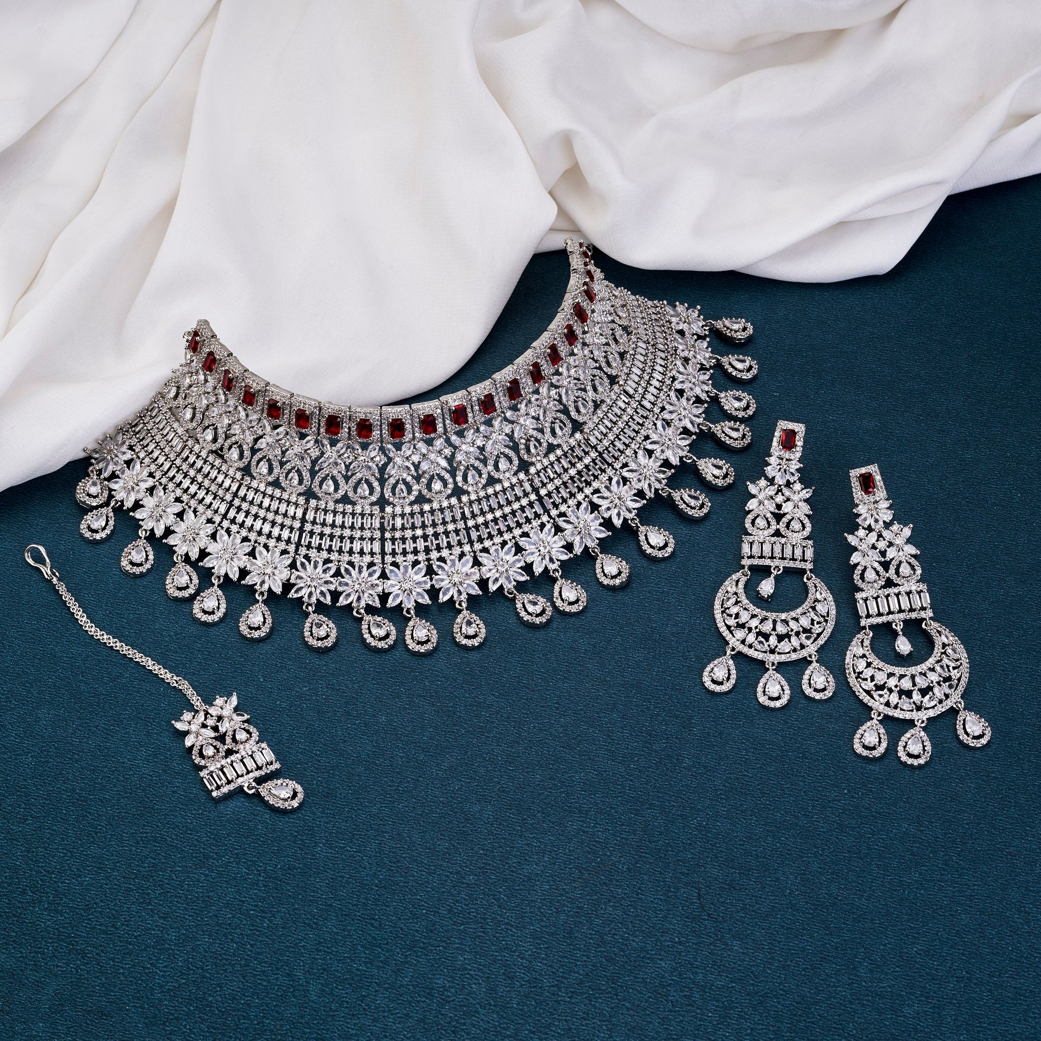 Crimson Cascade Choker Necklace with Maang Tika-Rhodium / Red
