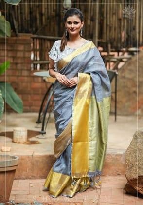 Gray Linen Saree with Wide Border