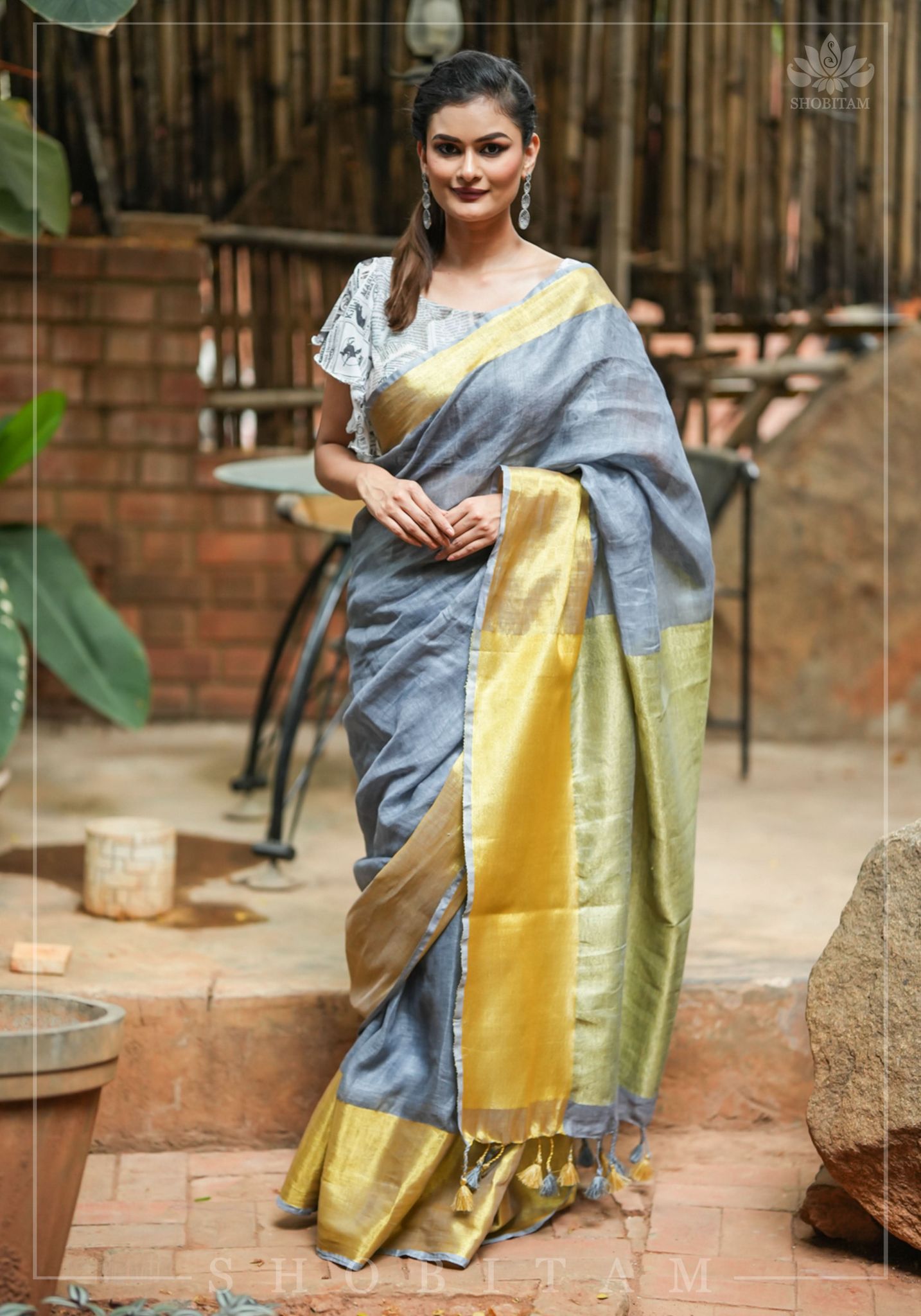 Gray Linen Saree with Wide Border