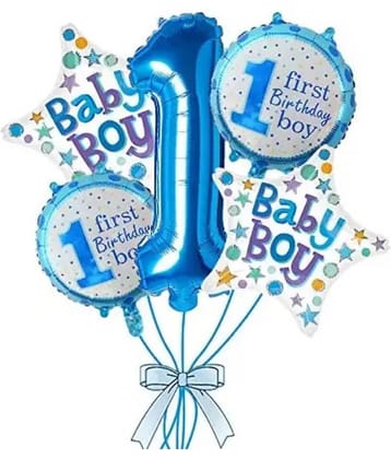 Kiran Enterprises 1st Birthday Boy Theme Foil Balloon Set- Pack of 5 Blue