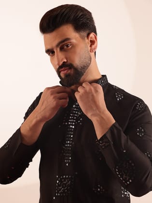 Men's Cotton Silk Boota Mirror Embroidered Black Only Long Kurta-36