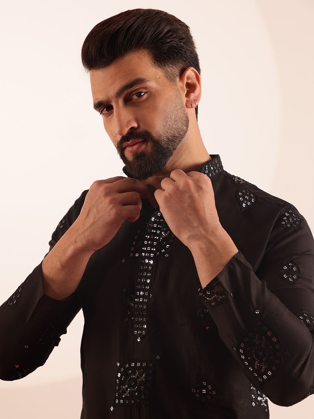 Men's Cotton Silk Boota Mirror Embroidered Black Only Long Kurta-36