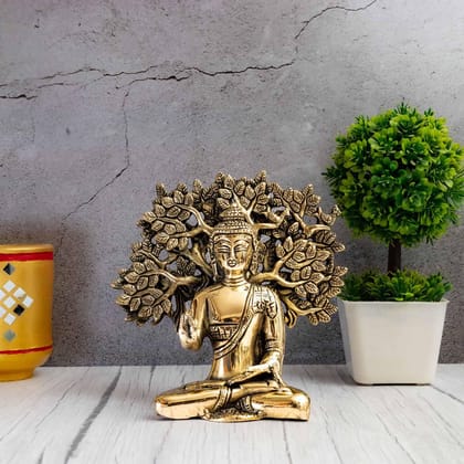 Brass Blessing Buddha under Kalpavriksha Tree - 7 inch Height