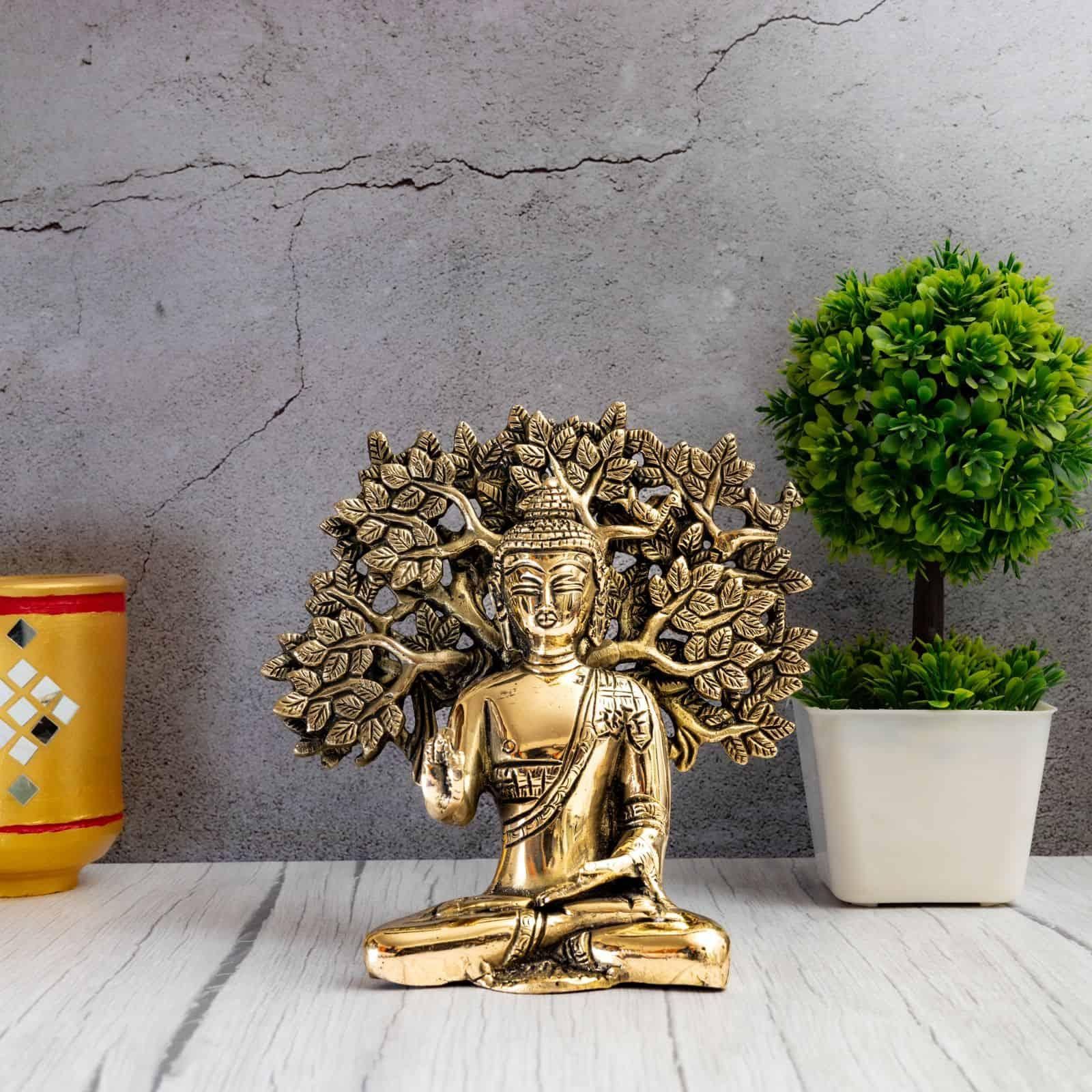 Brass Blessing Buddha under Kalpavriksha Tree - 7 inch Height