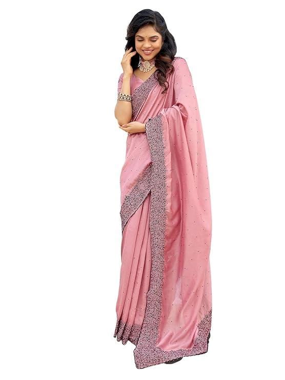 SIRIL Women's Embroidery Stone Work Vichitra Silk Saree with Unstitched Blouse Piece