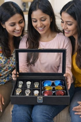 Sukeshcraft 6 Slot Watch Organizer Case with Lock – Premium Black PU Leather Watch Box for Men – Sunglass Storage Compartment