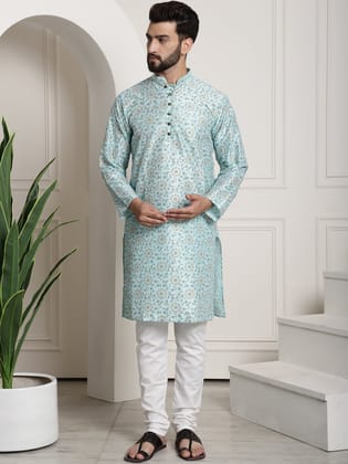 Men's Silk Blend Sea Green printed Kurta and White Churidar Pyjama Set-36
