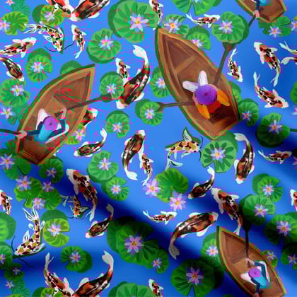 Lotus and Koi fish pond hand illustrated print-Cotton