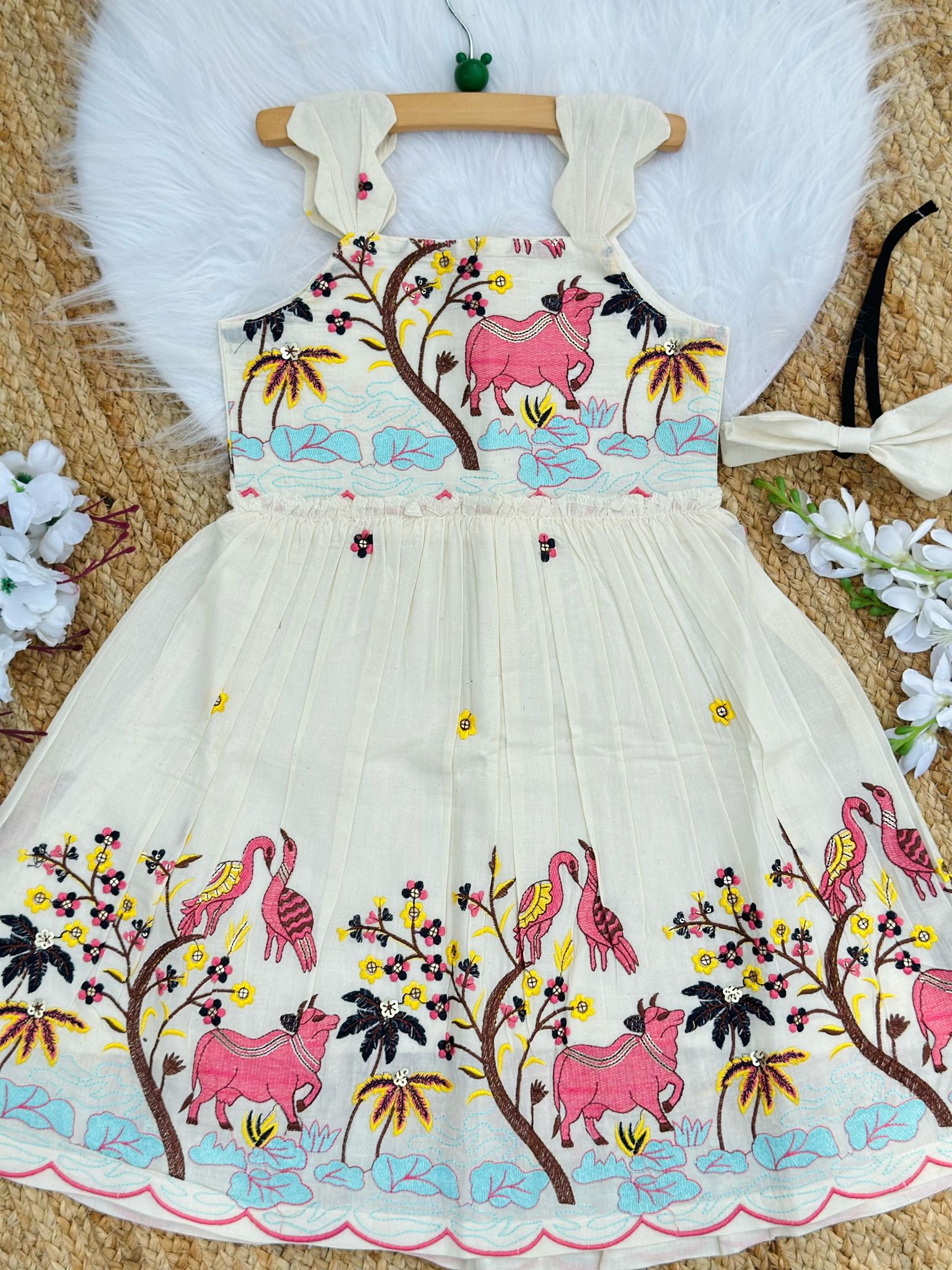 Vibrant Luxury Embroidery Work on Khadi Cotton Fabric Kids Frock-White / 0-3 Month