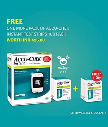 Accucheck Instant Glucometer + Instant 10 test strips + with additional 10 test Strips worth INR 425 FREE