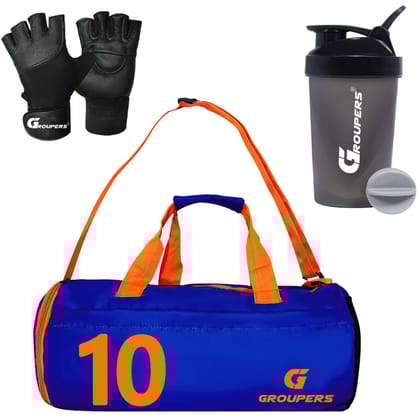 GROUPERS Combo Set of Duffle Polyester Bag with Shaker Bottle-400ml & Gloves