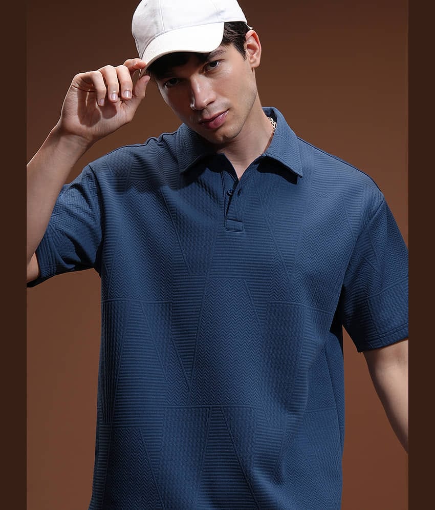 Highlander Men Polyester Relaxed Fit Self Design Polo T Shirt ( Blue )