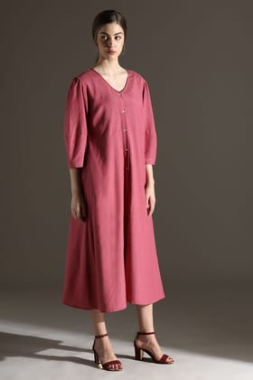 Graceful Pink Buttoned Midi Dress-PINK / M