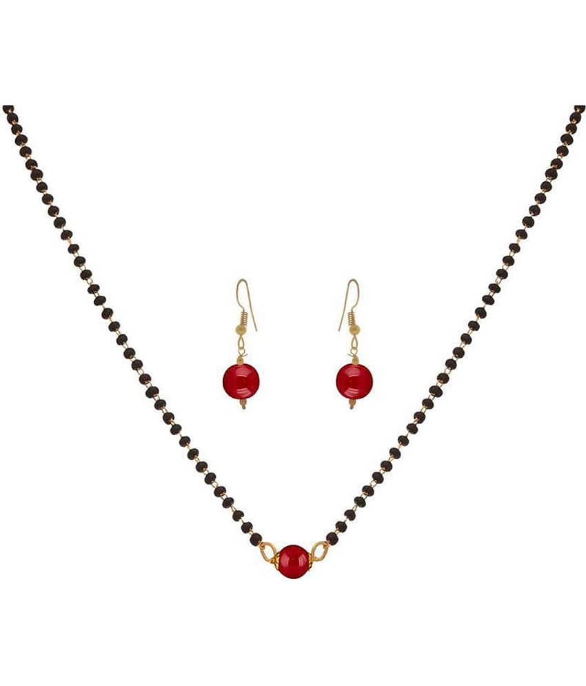 Jewellery for Less 1g Gold Plated Onyx Stone Designer Mangalsutra with Earrings & Black Beaded Chain for Women