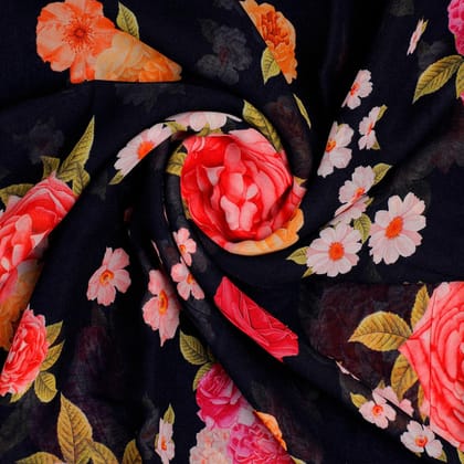 Multicolour Anemone Roses With Digital Printed Fabric - Pure Georgette