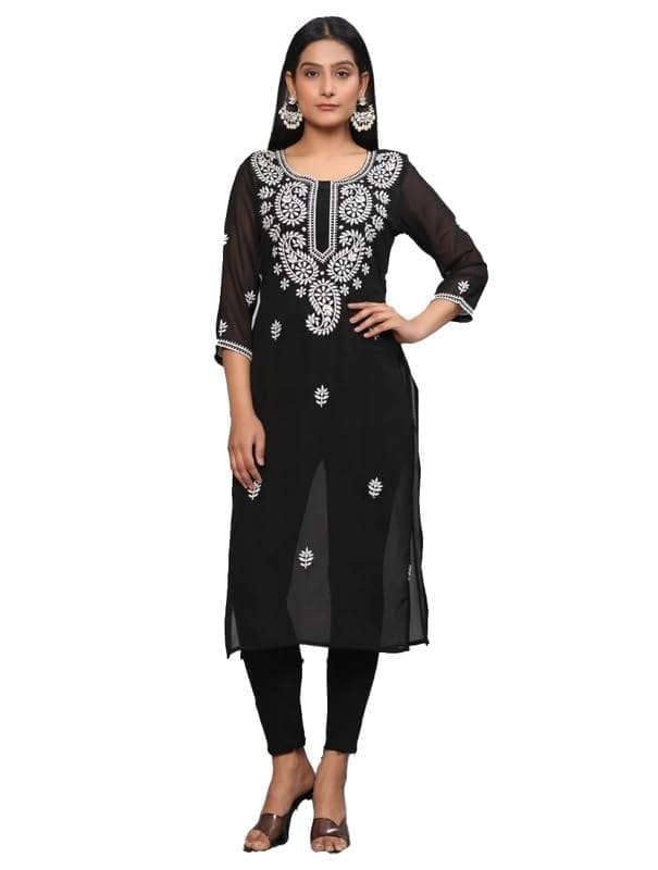Women's Casual 3/4th Sleeve Embroidered Georgette Kurti (Black, S)-PID46914