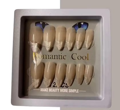 Kozykit Cream & Silver Half Glitter Press-On Nails Set for Women | Glossy Artificial Fake Nail Extensions | Half Silver Glitter Design | Reusable Stick-On Nails with Free Nail Kit