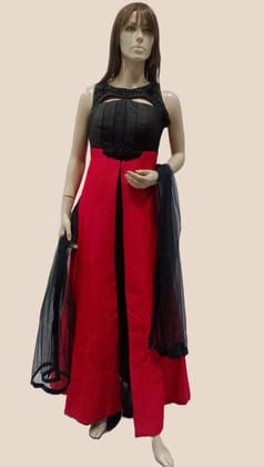 Woman's Black/Red Fancy Neck Long Kurta Set With Dupatta-OM-1097 . / Black/Red / F