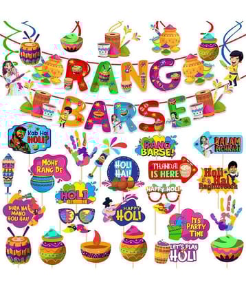 Zyozi ® Happy Holi Decorations Combo, Holi Decoration Items for Holi Party Decorations - Rang Barse Banner, Swirls with Multicolor Photo Booth Props (Pack of 33)