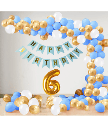 Jolly Party  6 Year Decoration kit For Boy and Girl Happy-Birthday 62 Pcs Combo Items 20 golden, 20 White 20 Blue balloons and 13 letter happy birthday banner and 6 letter golden foil balloon.