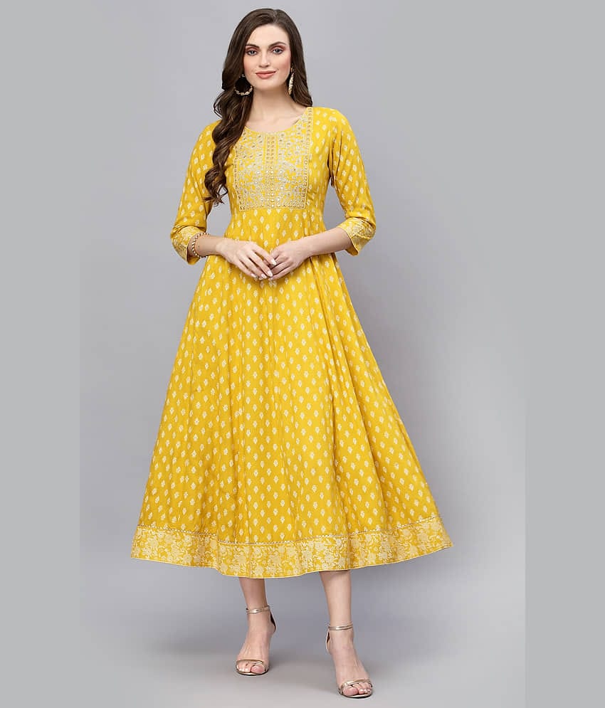 Stylum Rayon Printed Anarkali Women's Kurti - Mustard ( Pack of 1 )