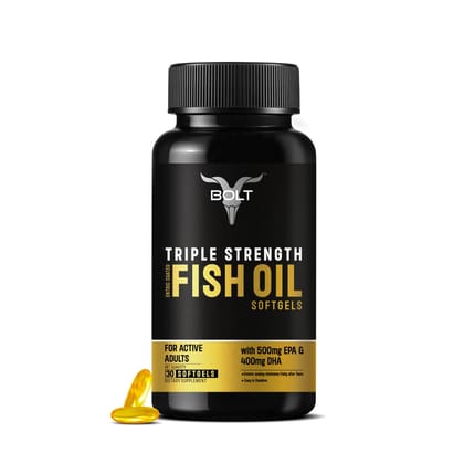 Bolt Nutrition Omega-3 Fish Oil Triple Strength (60 Capsules) | 1300mg Omega-3 with 500mg EPA & 400mg DHA | 3X Potency | No Fishy Aftertaste | Supports Heart, Brain & Joint Health-30 count