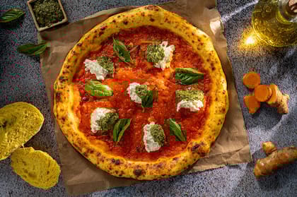 Turmeric Sourdough Pizza Marinara With Burrata & Pesto