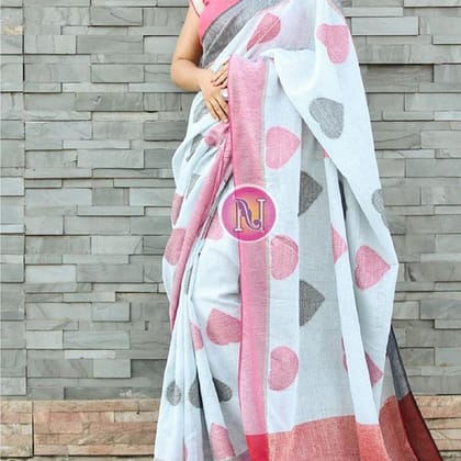 PINK AND BLACK HEART LINEN DIGITAL PRINTED SAREE   1506