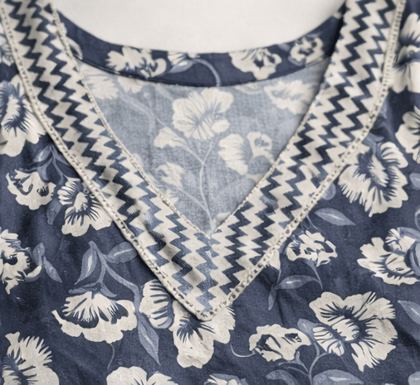 Women Grey Floral Printed Kurti Pant Set | Cotton Blend Fabric | 3/4 Sleeves Daily Wear Ethnic Set