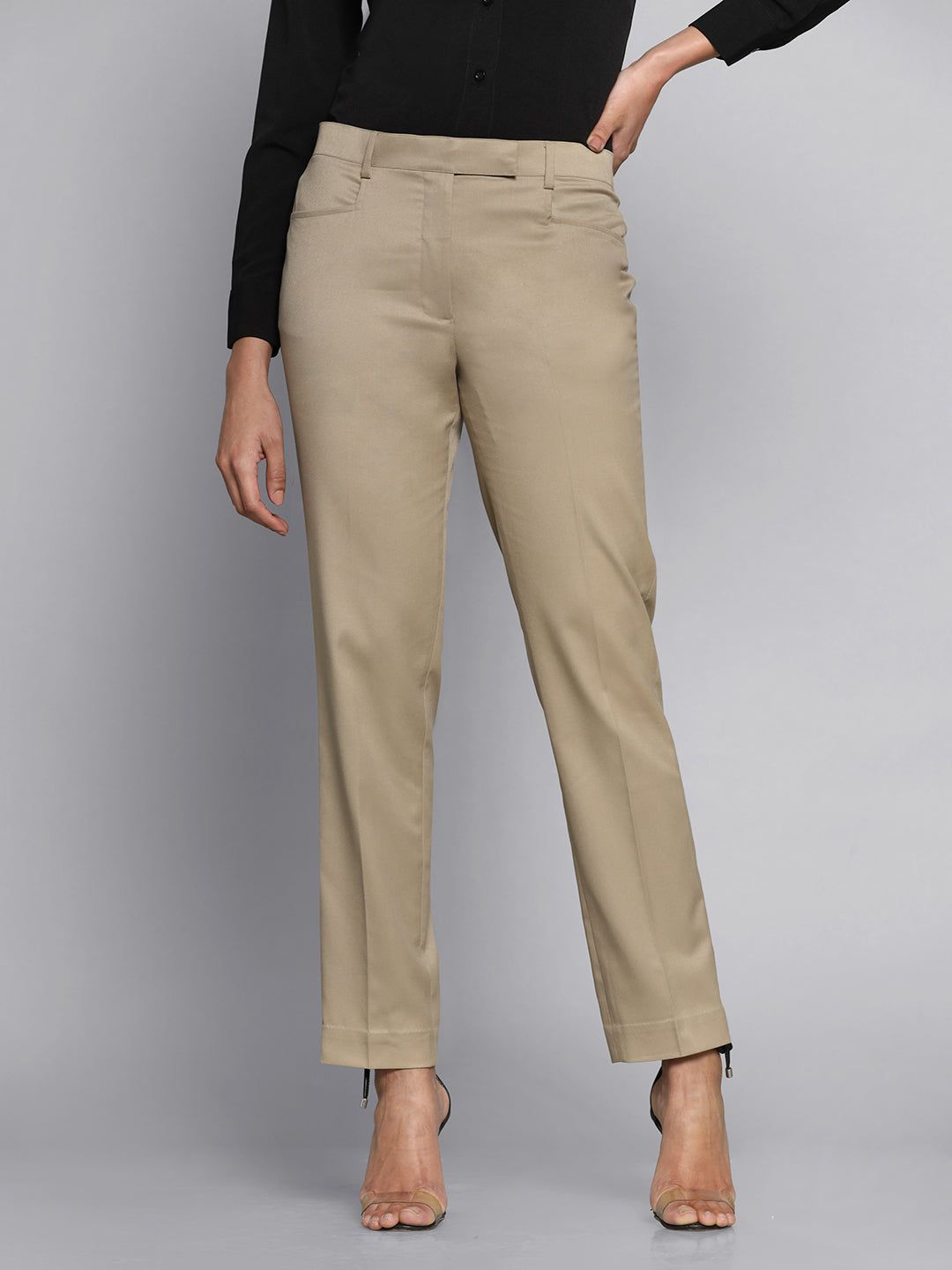 Poly Cotton Mid Waist Regular Fit Pants - Bamboo Beige-XS