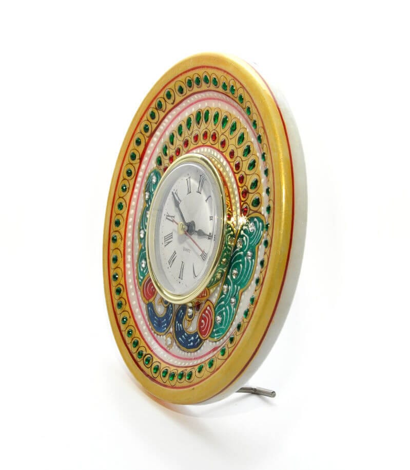 Marble Round Peacock Clock Ethnic Indian Home Decor
