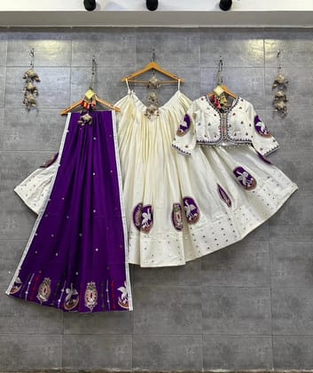 Jaam Cotton Silk Authentic Gujrati Navratri Chaniya Choli-White-Purple