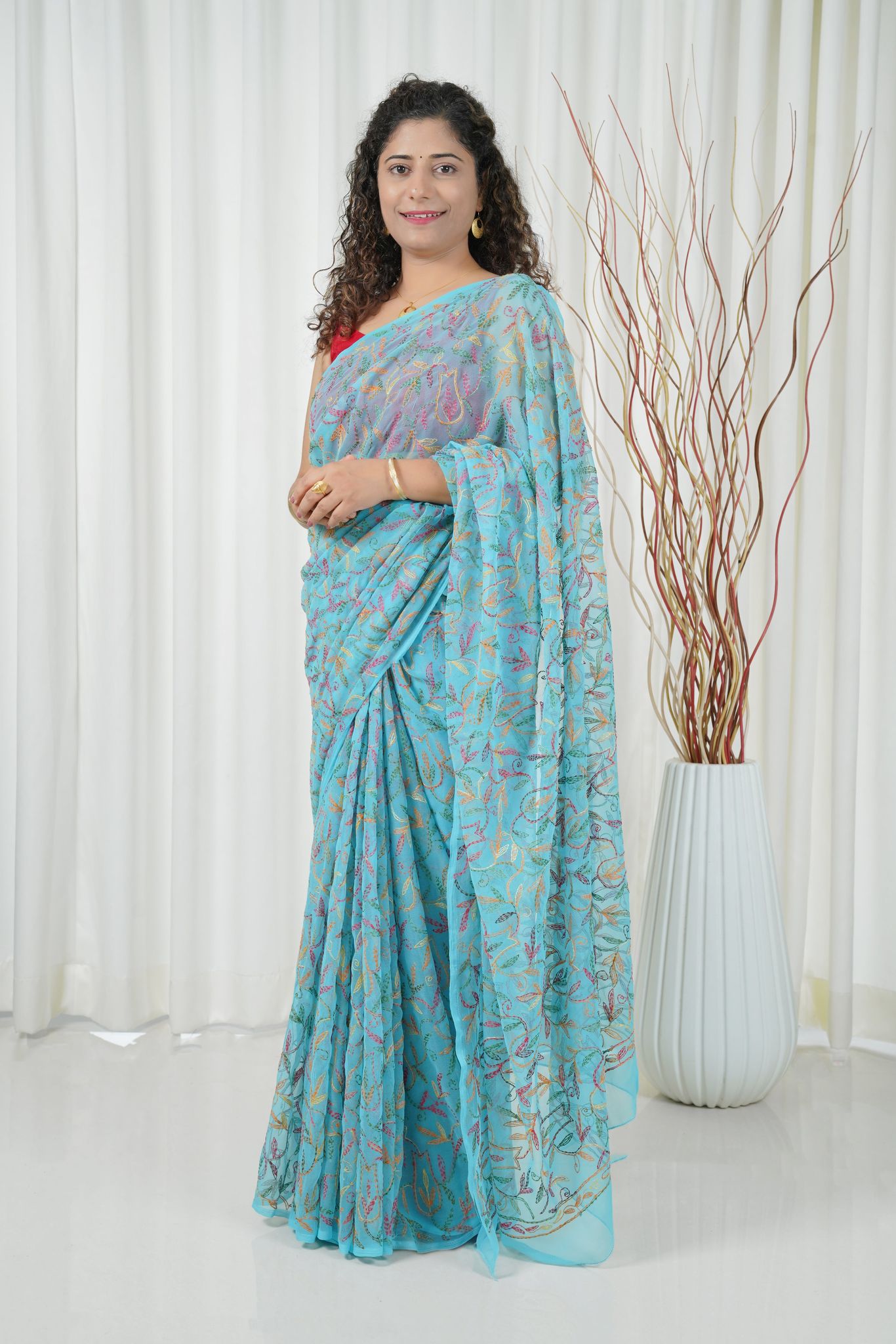 Multi Color Thread Tepchi Work Chikankaari -Sky Blue