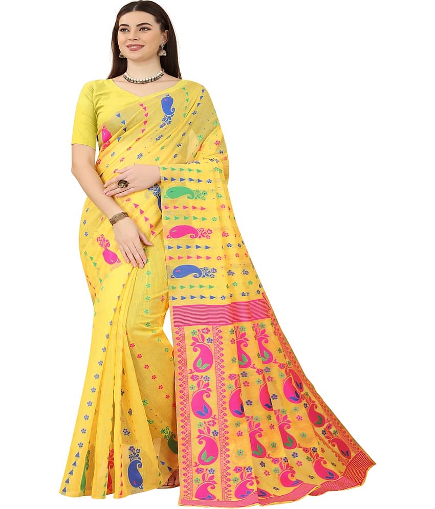 NENCY FASHION Cotton Printed Saree With Unstitched Blouse Piece ( White )