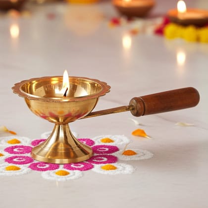 Brass Table Decor Oil Lamp Deepak With Wooden Handle  - Puja Diya for Temple, Height : 2.7 Inch (FMAS627 E)