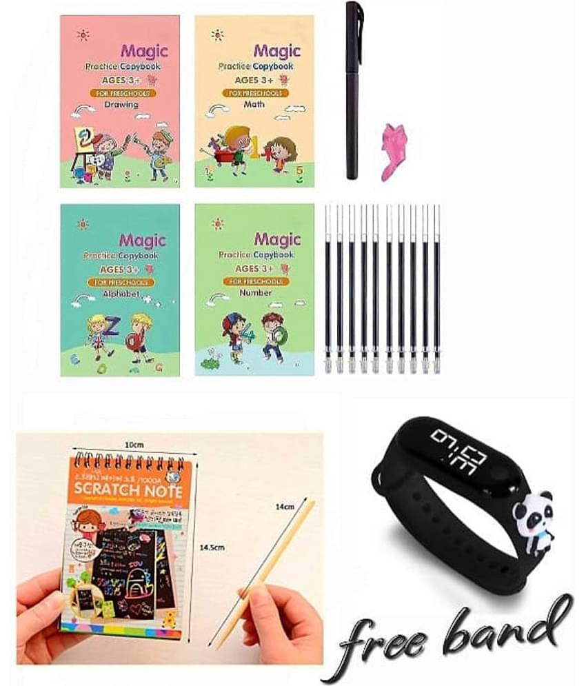 Combo Of 3 Pack - Sank Magic Practice Copy book & Scratch Book 53 Arts A6 Size Paper Sheet Art Book & LED Taddy Band Watch Digitel Multicolor By Vinay Book Store