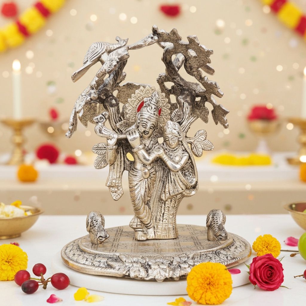 Aluminium Radha Krishna Idol ? Silver Finish Religious Showpiece, Height : 8 Inch (ASMAS161 S)