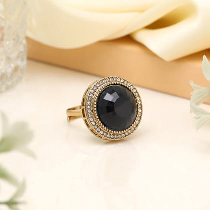 Classic Black Color Kundan Ring For Women-Ring_Size_Adjustable | Diameter Length: 2.50 CM x Width: 2.50 CM / Black / Alloy With Good Quality Mehndi Gold Plated